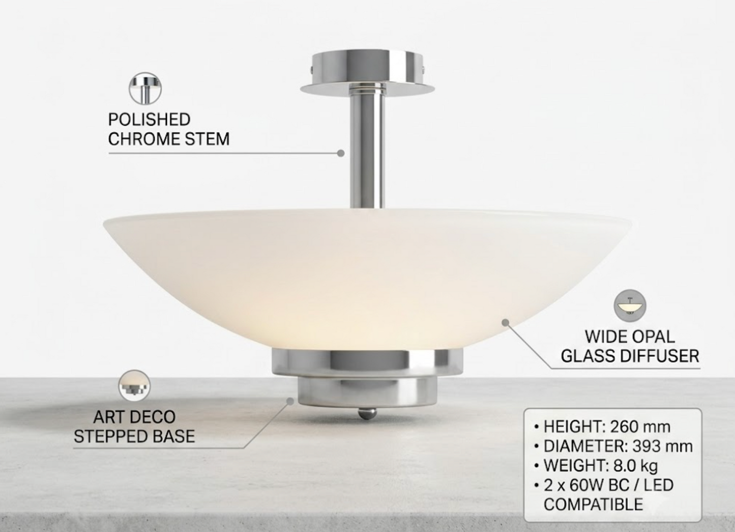 The Stratton Art Deco Opal Uplighter Ceiling Light