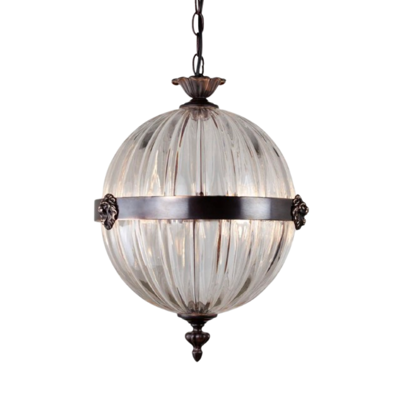 The Belzoni Lionhead Glass Pendant Light in Antique Bronze