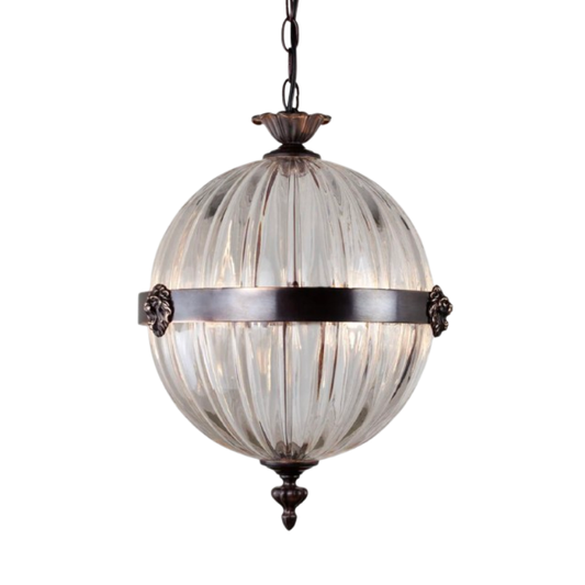 The Belzoni Lionhead Glass Pendant Light in Antique Bronze